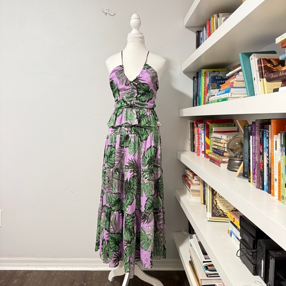 NSR Palm Print Ruffle Tiered Midi Dress NWT In Tropical Print S